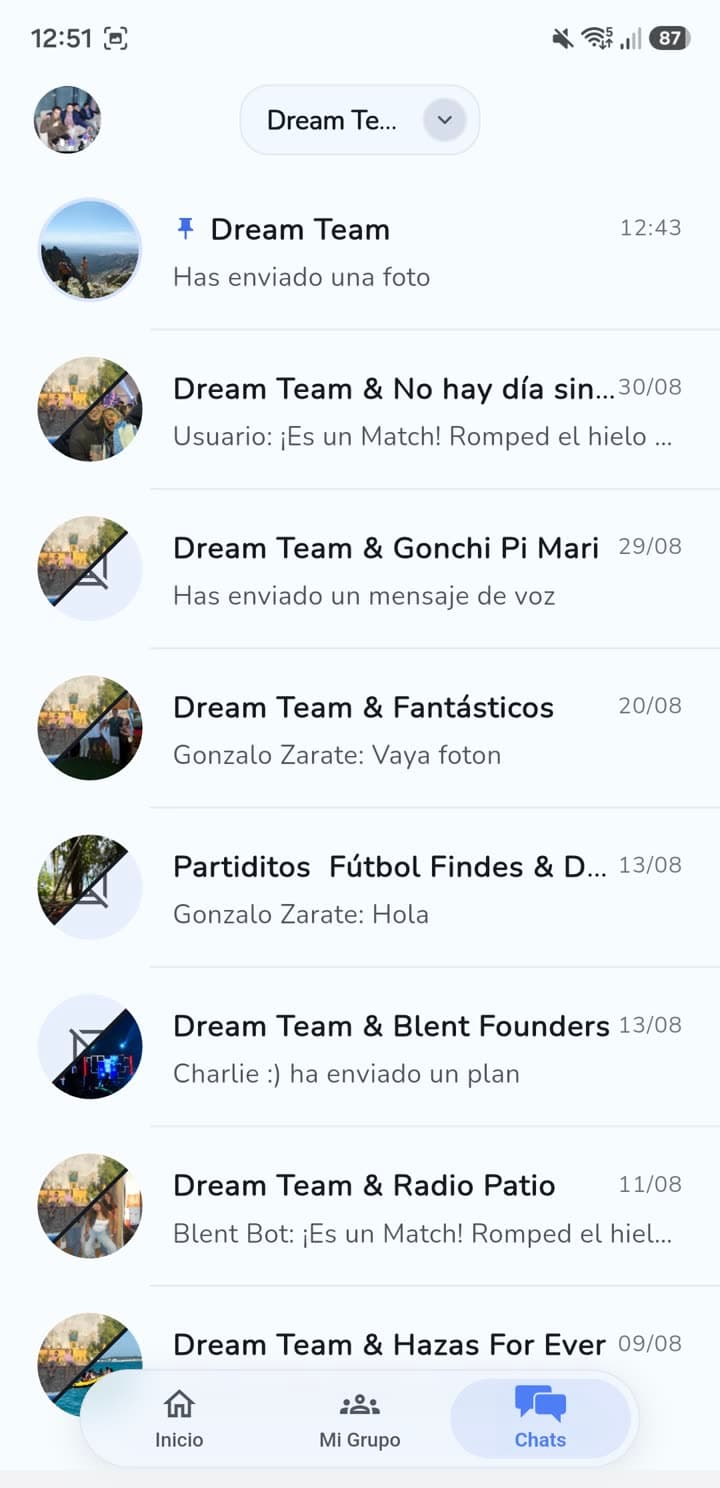 Chats de grupo en la app de Blent